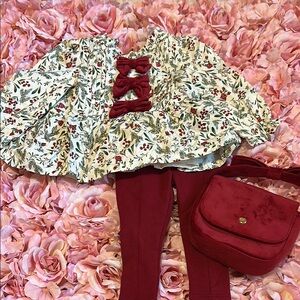 Floral Top and Red Leggings Set with Bag